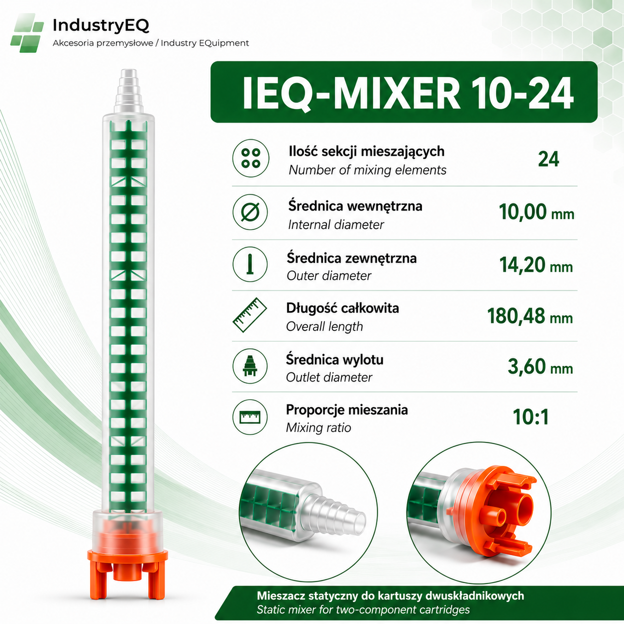 Mixing nozzle, mixer, 2K adhesive mixer, mixing ratios 4:1 and 10:1, for 250 ml and 490 ml cartridges, QUADRO 10-24 type