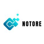 Logotyp Notore, składający się z niebieskiego, geometrycznego symbolu i nazwy firmy.